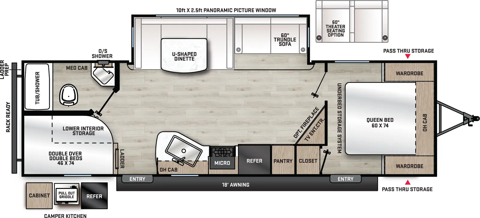 The Catalina Legacy Edition 263BHSCK floorplan has two entries and one slide out. Exterior features include: metal exterior, 18' awning and outside kitchen. Interiors features include: bunk beds, u-dinette and front bedroom.
